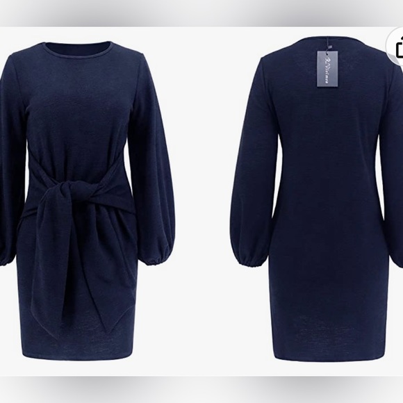 Cotton Long Sleeves Elegant Knitted Bodycon Tie Waist Sweater Pencil Dress - Picture 2 of 2